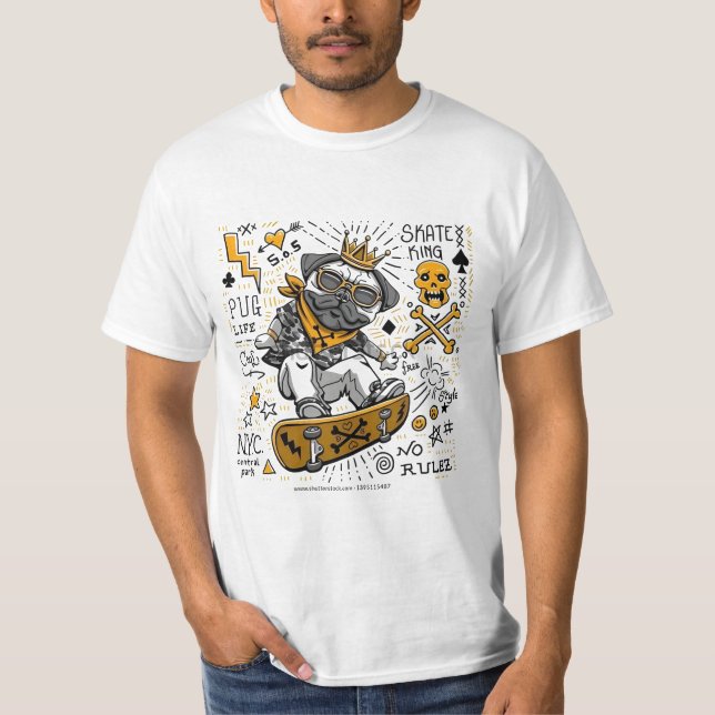 Camiseta Rey del monopatín Pug (Anverso)