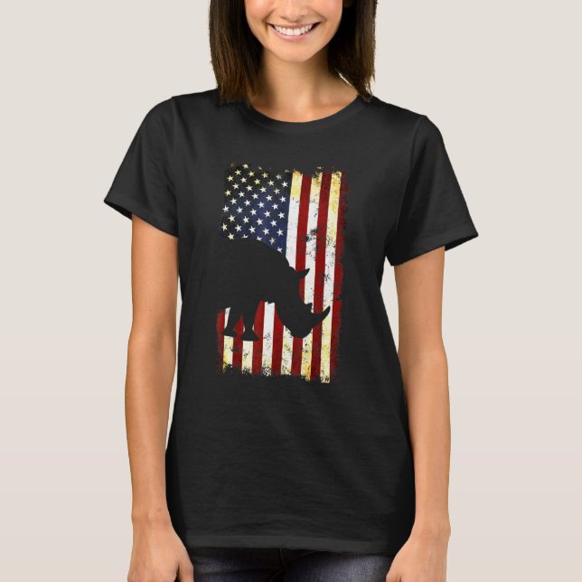 Camiseta Rhinoceros Silhouette Bandera Estadounidense 4 De  (Anverso)