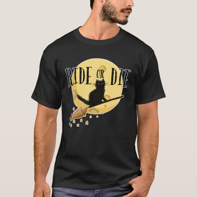 Camiseta Ride Or Die Black Cat Witch Broom Full Moon Hallow (Anverso)