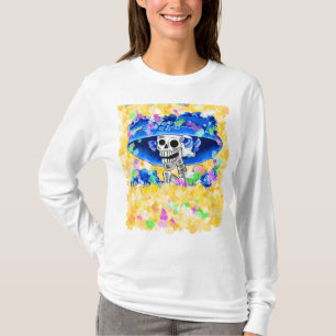 Camiseta Ríe mujer esquelética en bonnet amarillo