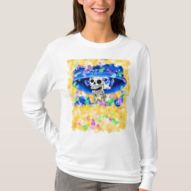 Camiseta Ríe mujer esquelética en bonnet amarillo (Anverso)