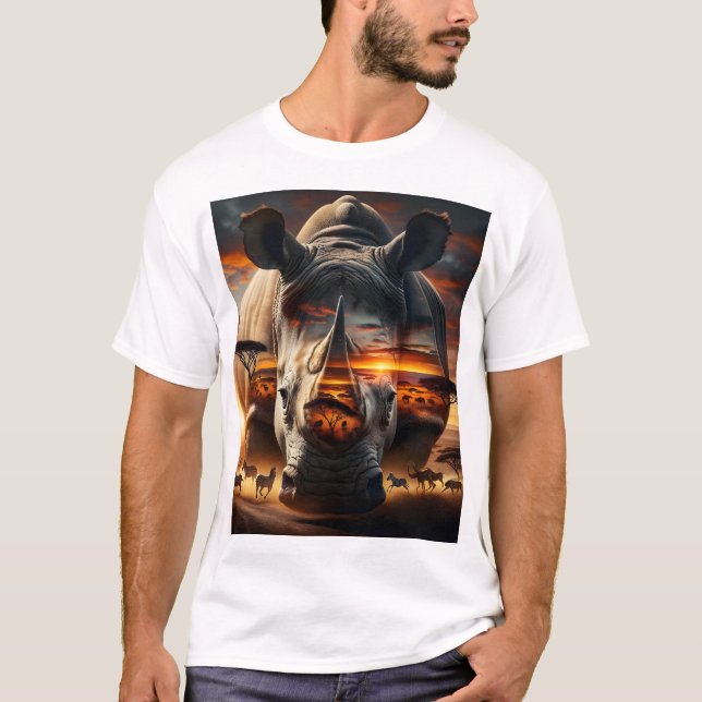 Camiseta Rinoceronte africano y jirafa detrás del atardecer (Anverso)