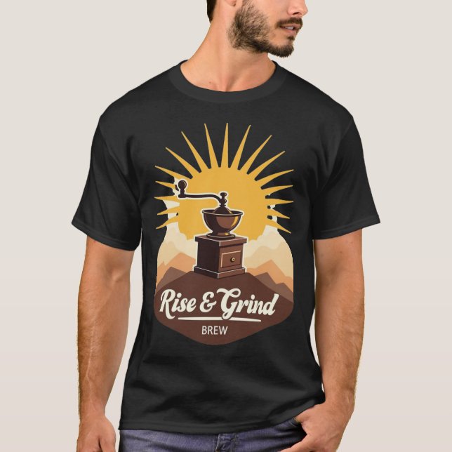 Camiseta rise & Grind Brew | Vintage Coffee Grinder Sunrise (Anverso)
