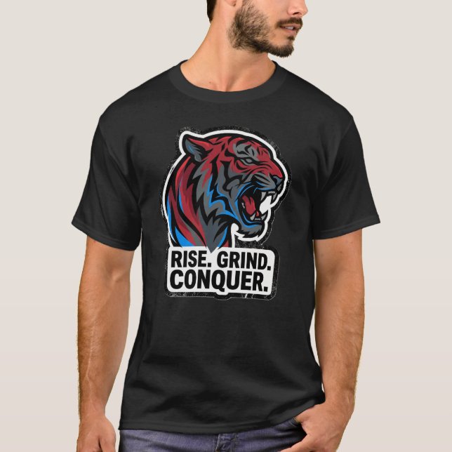 Camiseta Rise Grind Conquer Tiger – Domina El Cami (Anverso)