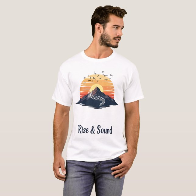 Camiseta Rise & Sound - Mountain Sunset con notas musicales (Anverso completo)