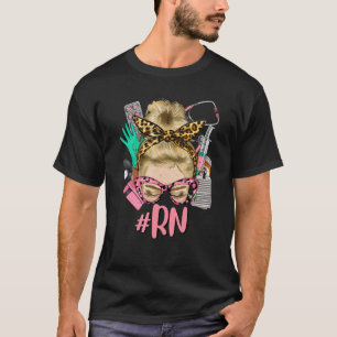 Camiseta RN Blonde Messy Bun Gafas de pelo recto Leopardo