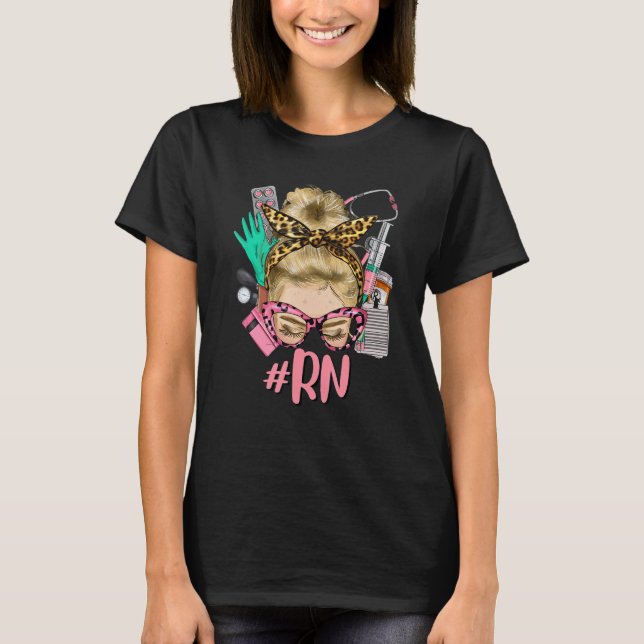 Camiseta RN Blonde Messy Bun Straight Hair Glasses Leopard  (Anverso)