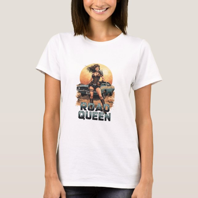 Camiseta Road Queen – Post-Apocalyptic Pin-Up Warrior (Anverso)