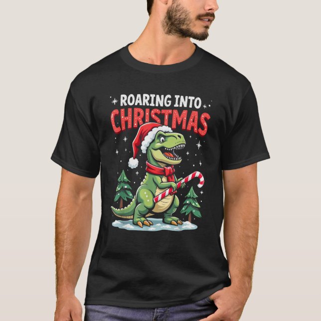 Camiseta Roaring into Christmas T Rex Santa Hat Candy Cane  (Anverso)
