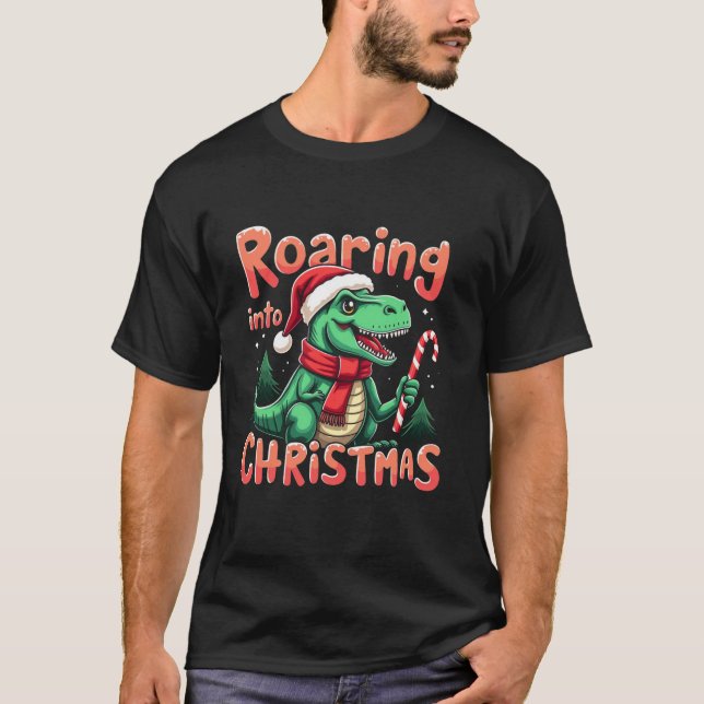 Camiseta Roaring into Christmas T Rex Santa Hat Candy Cane  (Anverso)