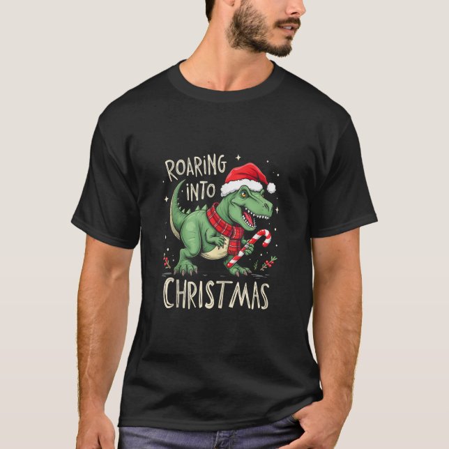 Camiseta Roaring into Christmas T Rex Santa Hat Candy Cane  (Anverso)