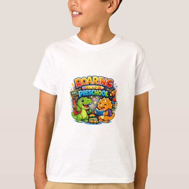 Camiseta Roaring Into Preschool Cute Dinosaur Kids Back To  (Anverso)