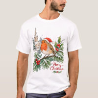 Robin de Navidad con acebo y nieve en acuarela