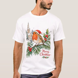 Camiseta Robin de Navidad con acebo y nieve en acuarela