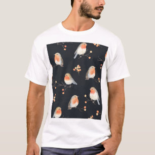 Camiseta Robins, bayas de rowan, acuarela de invierno.