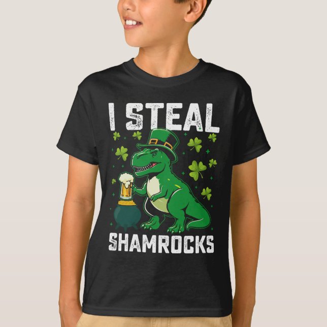 Camiseta Robo Tréboles T Rex Dinosaurio Día de San Patricio (Anverso)