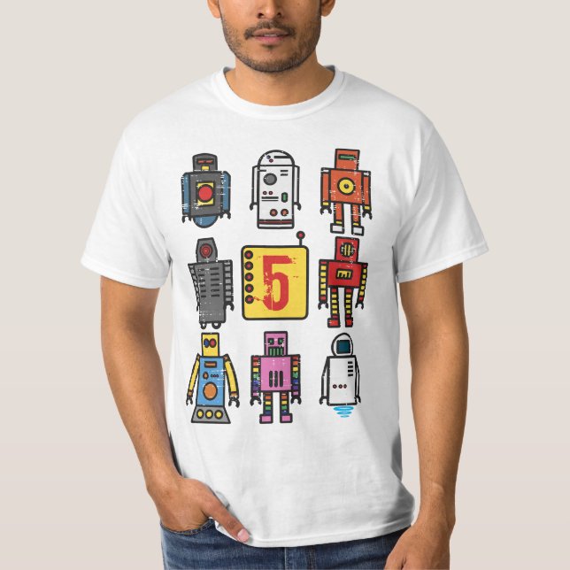 Camiseta Robot 5th Birthday - Retro Robotics with number fi (Anverso)