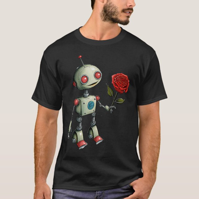 Camiseta Robot adorable entrega una flor Rosa (Anverso)