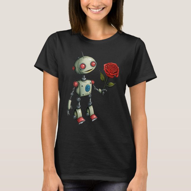Camiseta Robot adorable entrega una flor Rosa (Anverso)