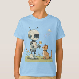 Camiseta Robot Adorable Regala Flor a Gato Arte Infantil En