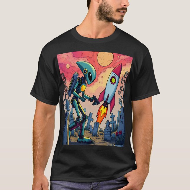 Camiseta Robot and Rocket in Futuristic Cemetery (Anverso)
