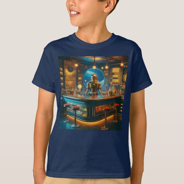 Camiseta Robot Bartender in Interstellar Space Age Dive Bar (Anverso)