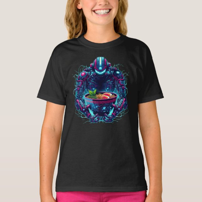 Camiseta Robot de ciberpunk futurista con ramen de comida n (Anverso)