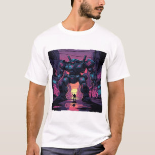 Camiseta Robot Mech Gigante vs Humano   Atardecer en Ciudad