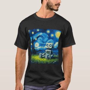Camiseta Robot Nocturno Estrellado Arte de Pintura Divertid