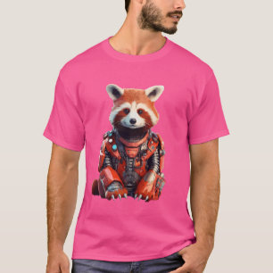 Camiseta Robot Panda Rojo Mecánico Futurista Cyborg Steam