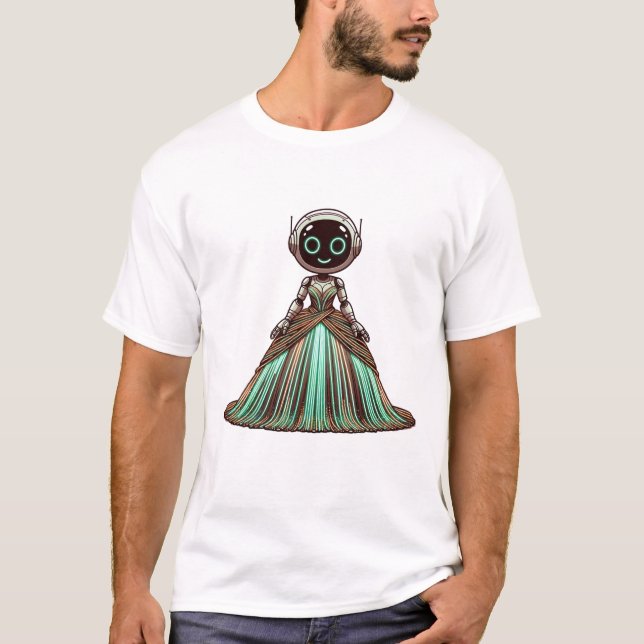Camiseta Robot usando un vestido brillante. (Anverso)