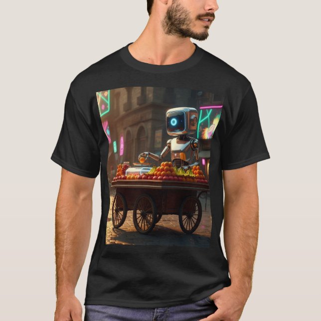 Camiseta Robot Vendedor de Frutas – Arte de Fusión en la Ca (Anverso)