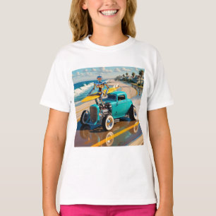 Camiseta robot vintage con tabla de surf , en la playa