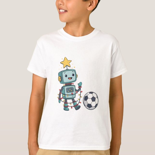 Camiseta Robot with Christmas lights playing soccer (Anverso)