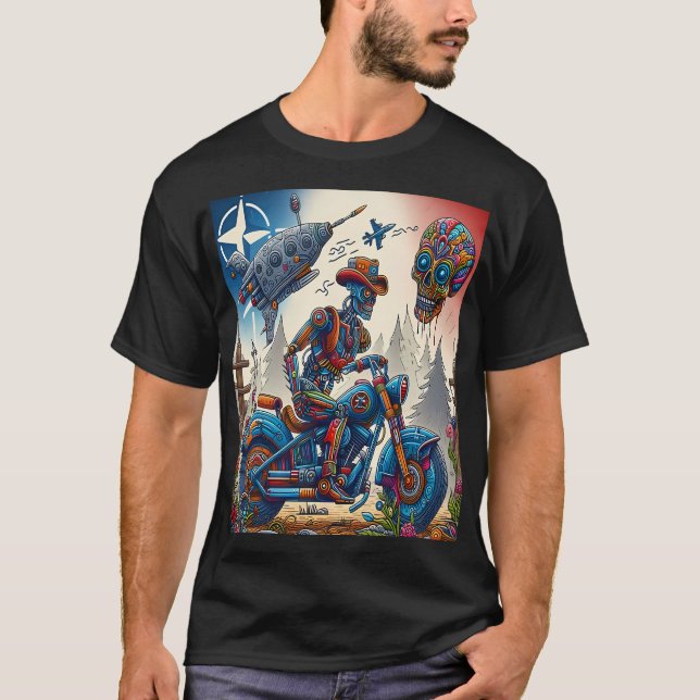 Camiseta Robotic Cowboy on a Colorful Psychedelic Motorcycl (Anverso)
