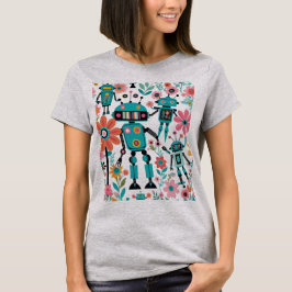 Camiseta Robots Y Flores Cute Retro