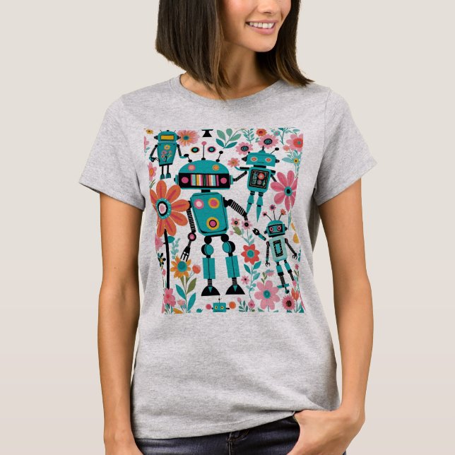 Camiseta Robots Y Flores Cute Retro (Anverso)