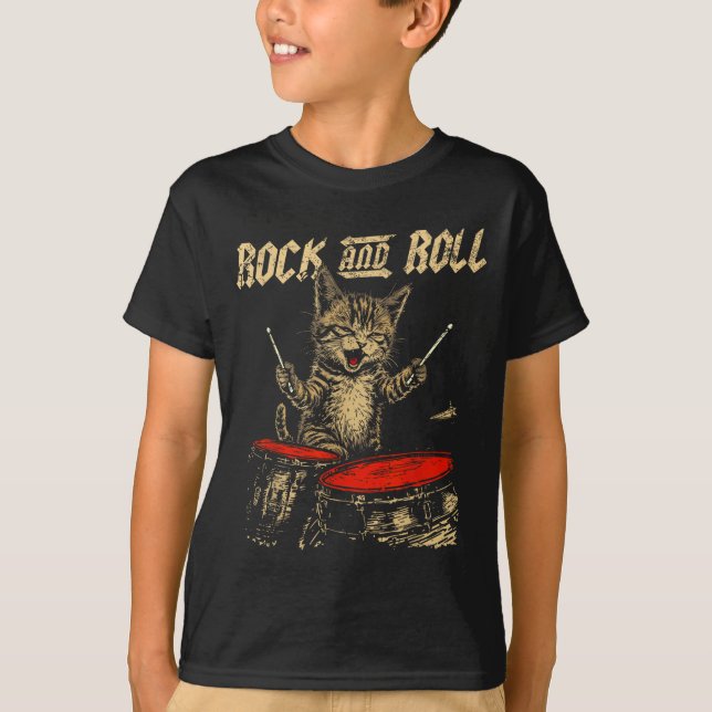 Camiseta Rock And Roll Funny Cat Playing Drum For Men Women (Anverso)