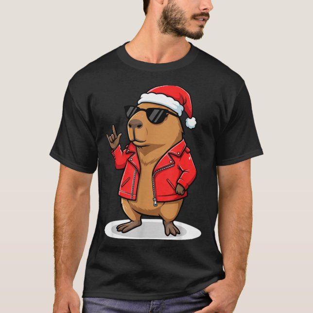 Camiseta Rock Capybara Xmas Santa Men Women Kids Funny Ugly (Anverso)