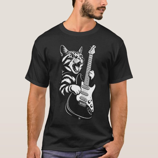 Camiseta Rock Cat Jugando Guitarra Eléctrica, Guay Music Lo (Anverso)