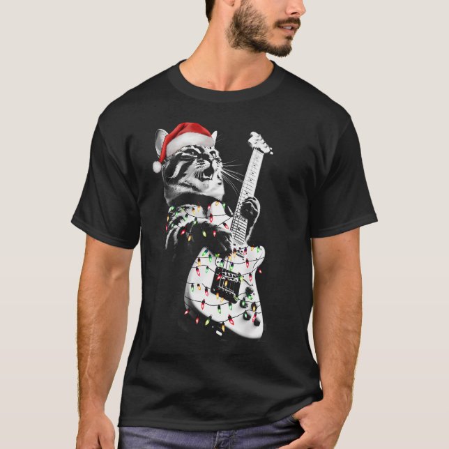 Camiseta Rock Cat Playing Guitar Funny Guitar Cat Christmas (Anverso)