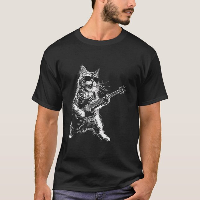 Camiseta Rock Cat Tocando Guitarra Graciosa Guitarra Gato L (Anverso)