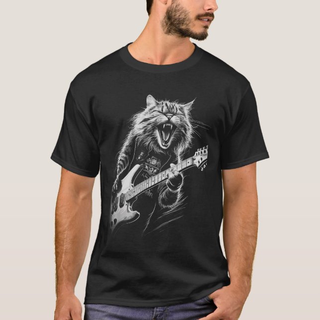 Camiseta Rock Cat Tocando guitarra - Gracioso Gato Guitaris (Anverso)