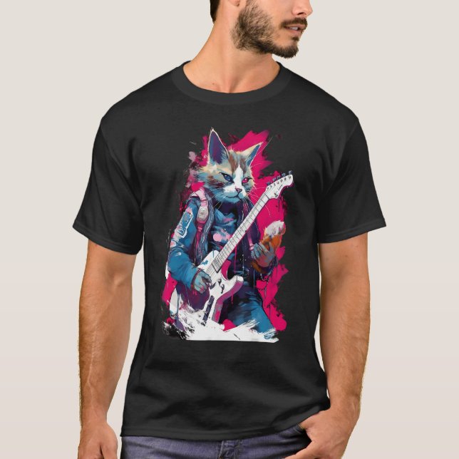 Camiseta Rock Guitar Snowshoe Cat Guitarist (Anverso)