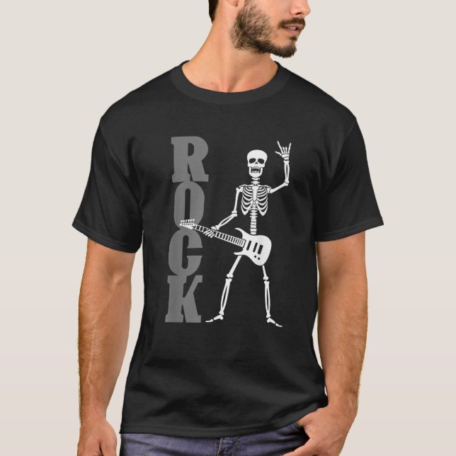 Camiseta Rock Guitarra Skeleton Rock And Roll Music Band Me (Anverso)