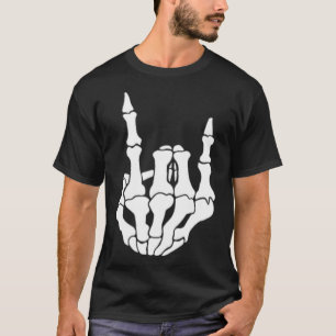 Camiseta Rock Hand Skeleton Vintage Rocker Rótulo Halloween