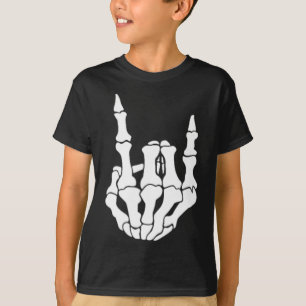 Camiseta Rock Hand Skeleton Vintage Rocker Rótulo Halloween