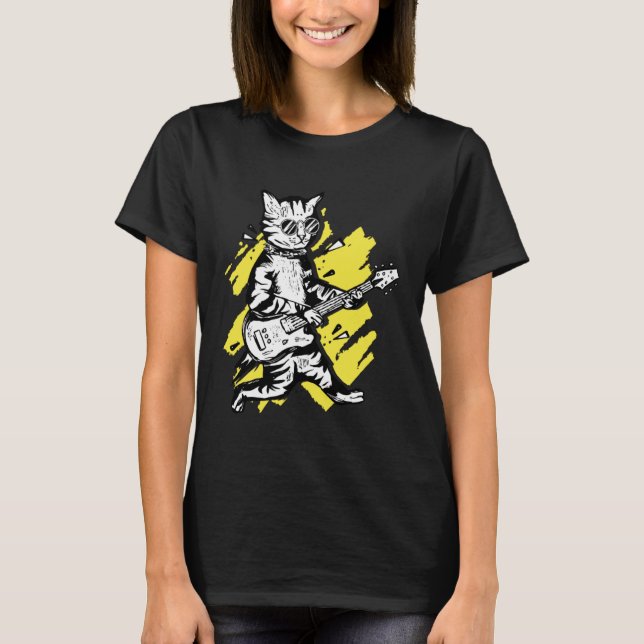 Camiseta Rock Music Guay Cat Con Gafas De Sol Jugando Guita (Anverso)