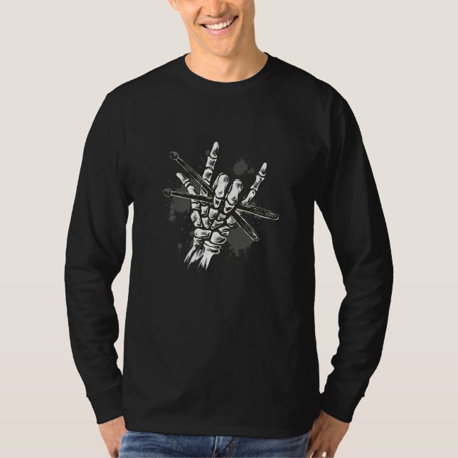 Camiseta Rock Music Rocker Skeleton Drumsticks Hand Premium (Anverso)