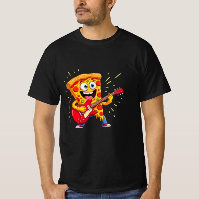 Camiseta **Rock ’n’ Roll Pizza – Funny Guitar-Playing Slice (Anverso)